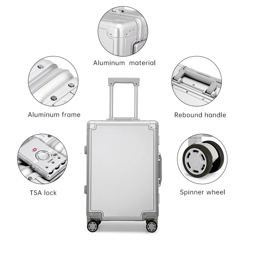 full aluminium trolley bag spinner wheels metallic silver cabin luggage