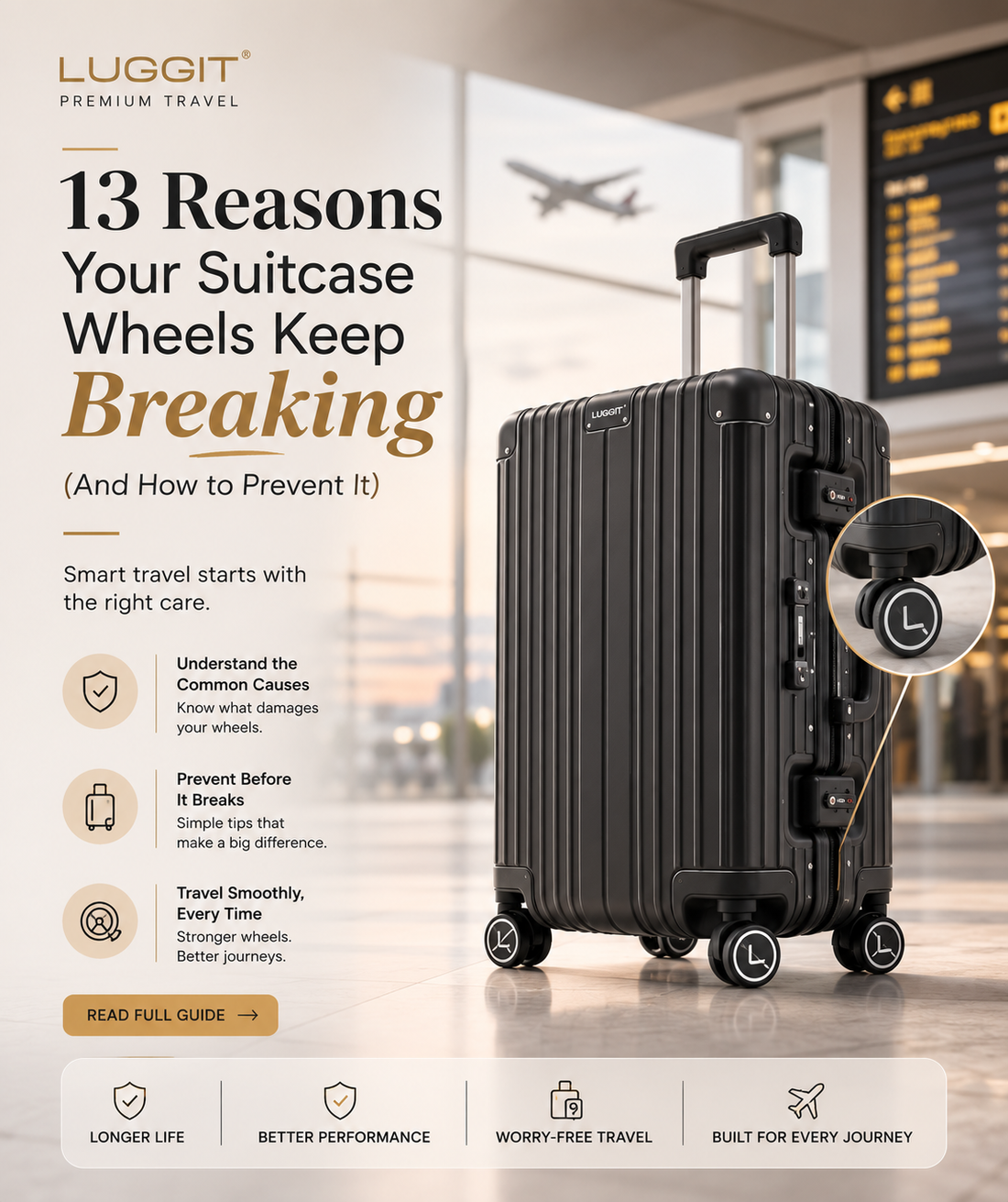 Premium LUGGIT suitcase with durable 360-degree spinner wheels designed for smooth airport travel.