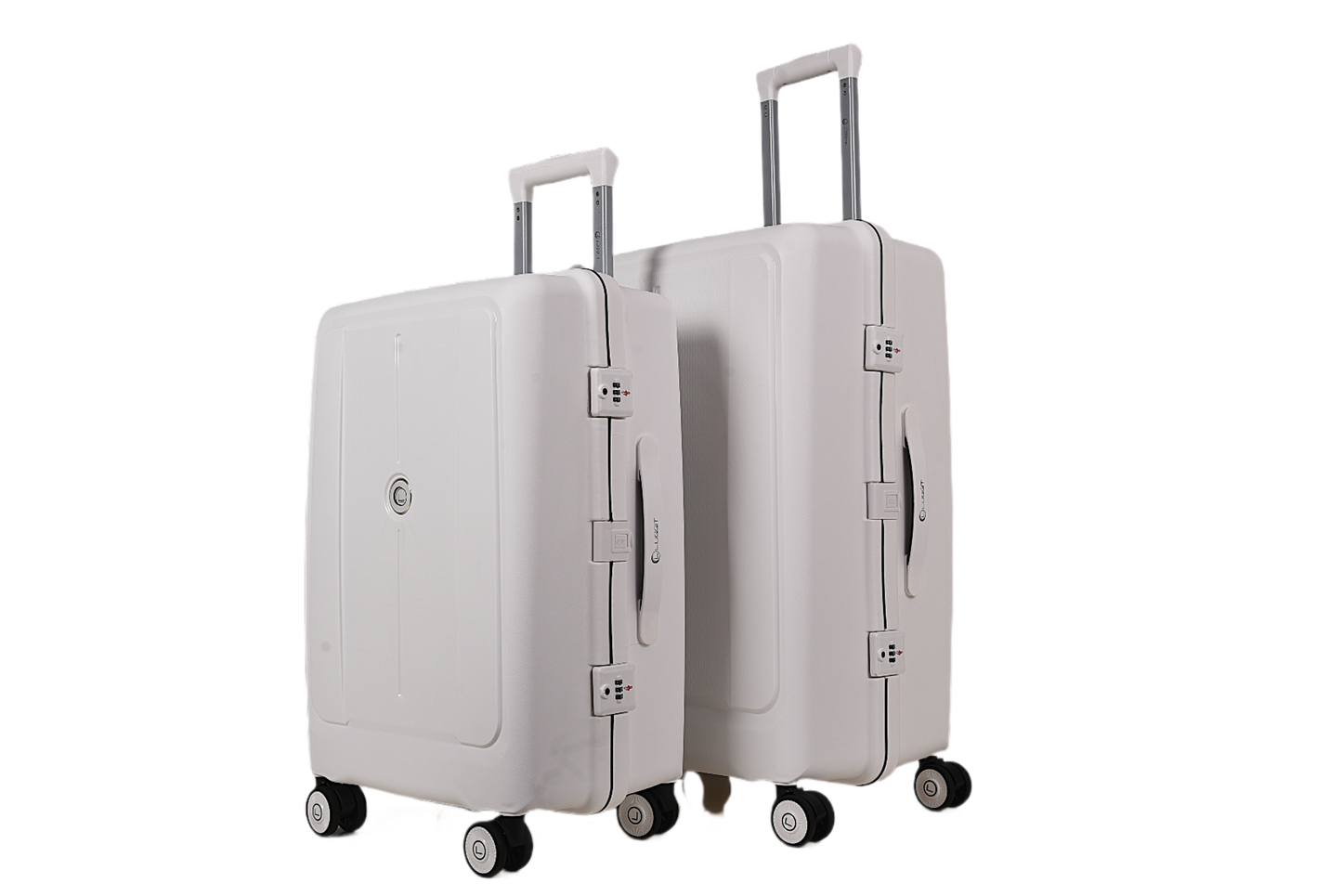 Two hard-shell spinner suitcases in a light warm gray or off-white color, shown on a plain white background. The smaller suitcase is in front of the larger one, both with telescoping handles extended.