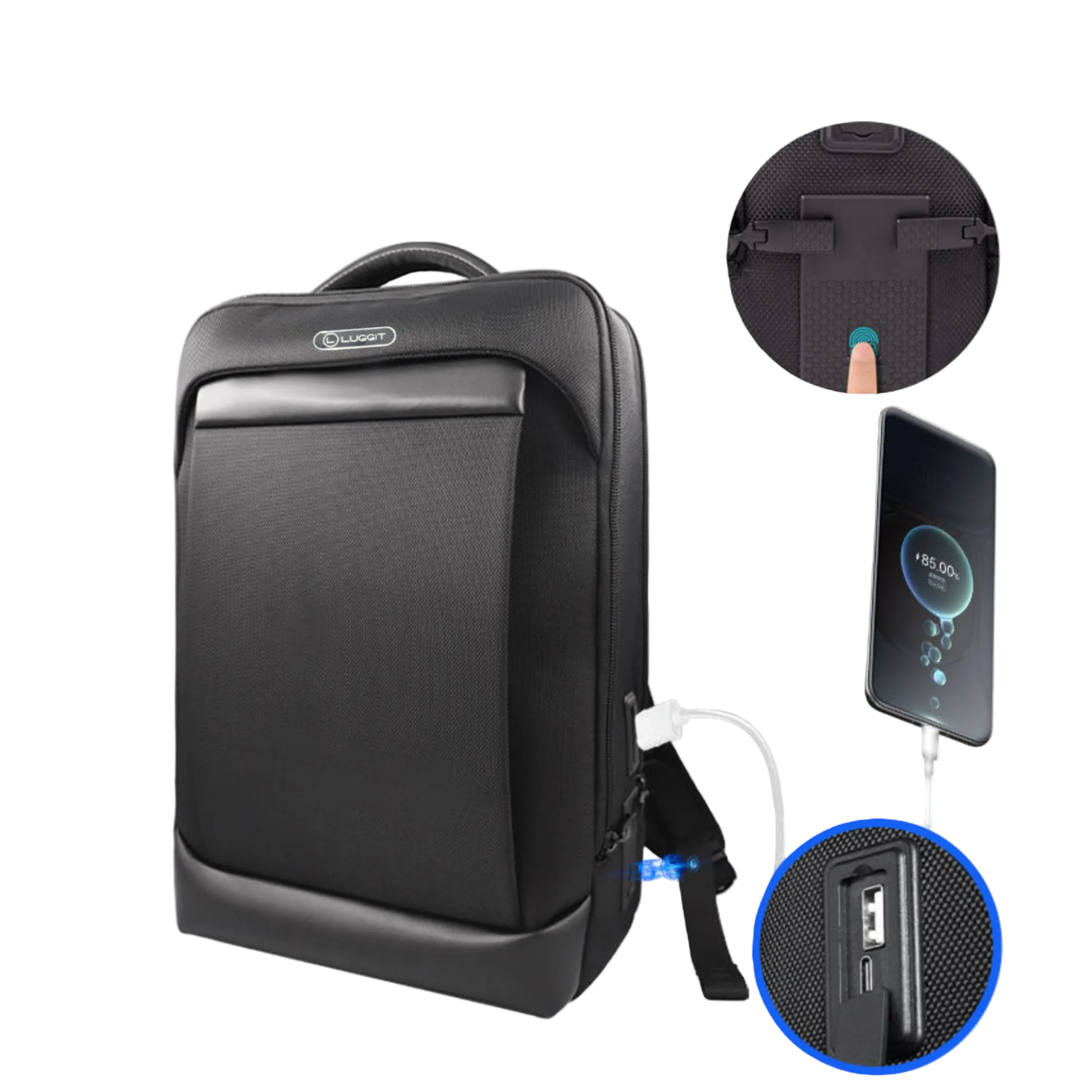 Black backpack with USB charging port and smartphone illustration on a white background