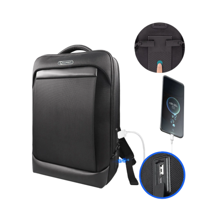 Black backpack with USB charging port and smartphone illustration on a white background