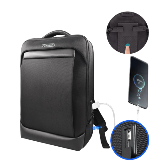 Black backpack with USB charging port and smartphone illustration on a white background