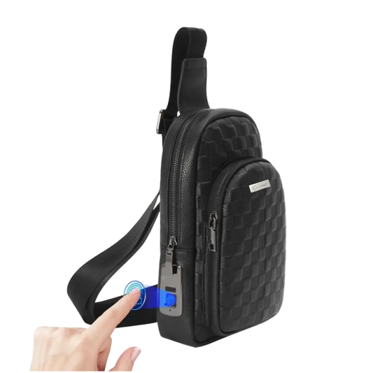 Black crossbody bag with fingerprint sensor on a white background