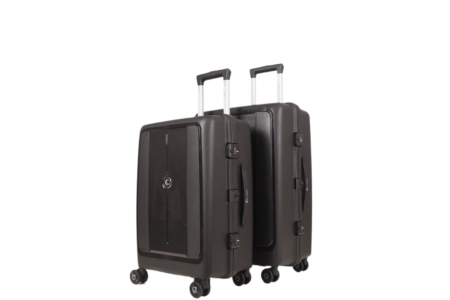 Two dark gray hard-shell spinner suitcases with telescoping handles, shown on a plain white background.