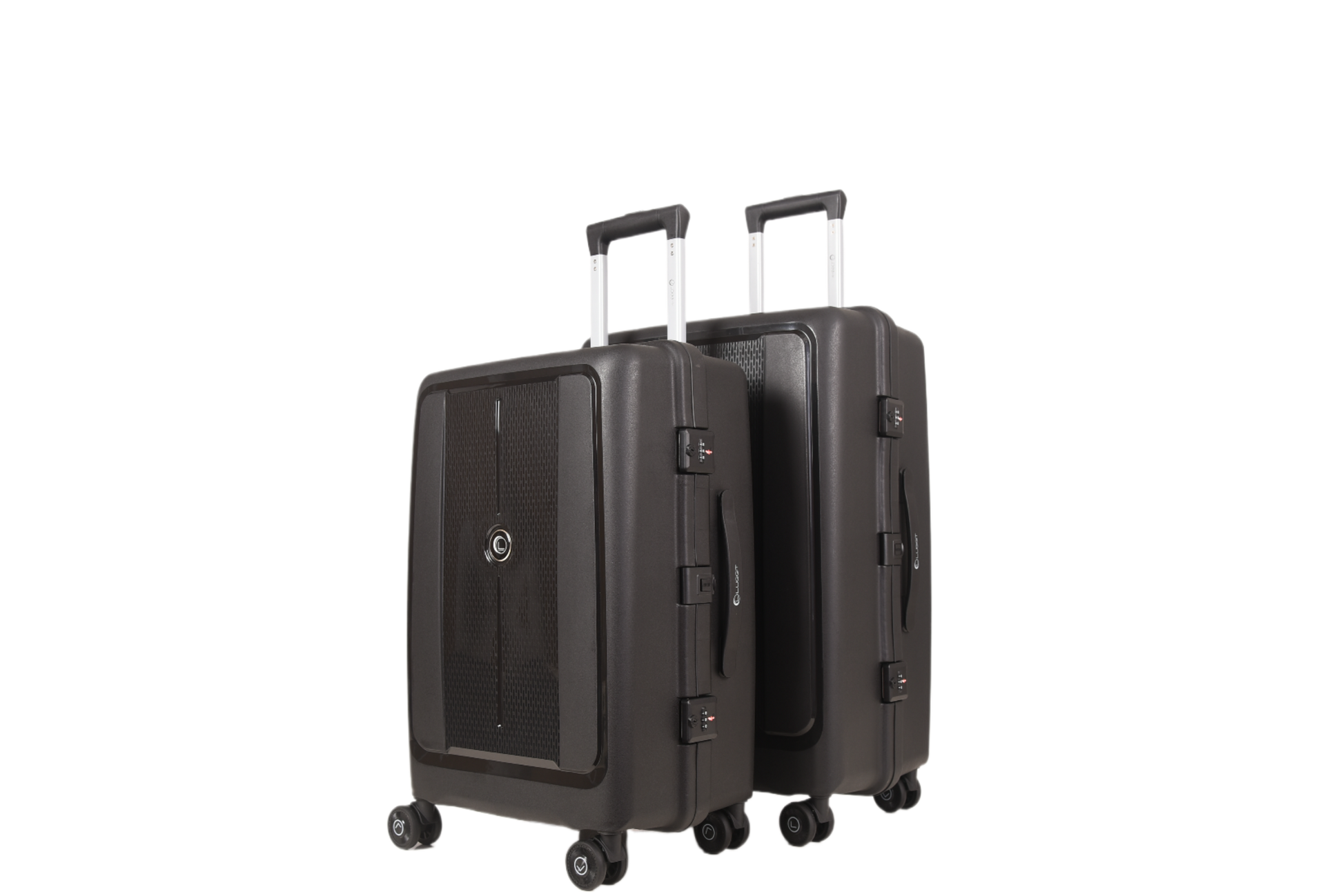 Two dark gray hard-shell spinner suitcases with telescoping handles, shown on a plain white background.