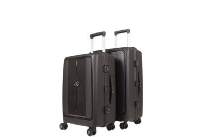 Two dark gray hard-shell spinner suitcases with telescoping handles, shown on a plain white background.