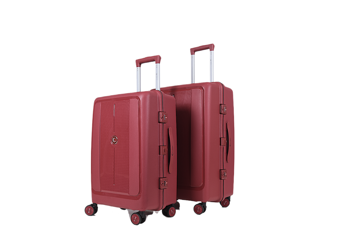 Two hard-shell spinner suitcases in a deep red color, shown on a plain white background. The larger suitcase is positioned in front of the smaller one, both with their telescoping handles extended.