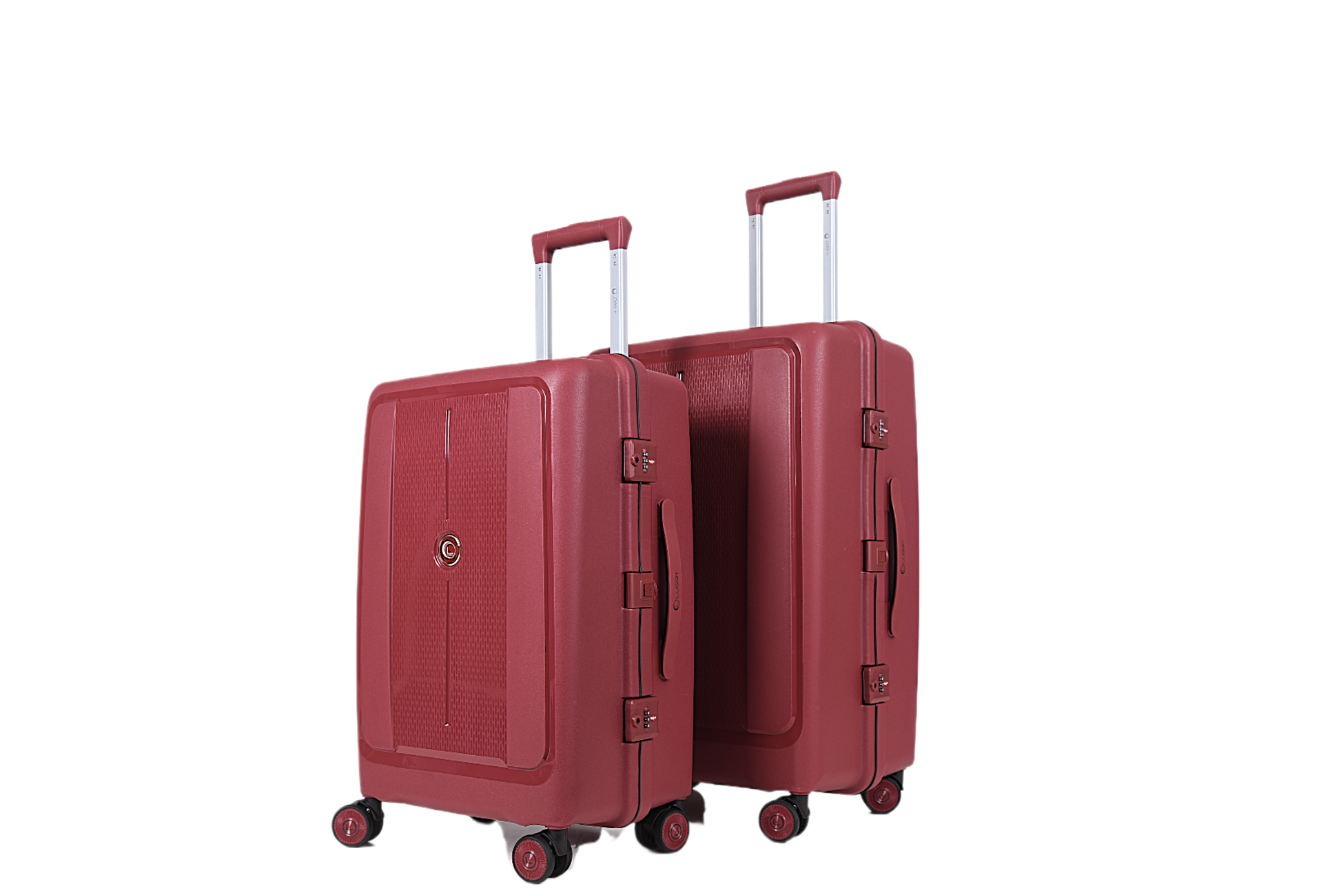 Two hard-shell spinner suitcases in a deep red color, shown on a plain white background. The larger suitcase is positioned in front of the smaller one, both with their telescoping handles extended.