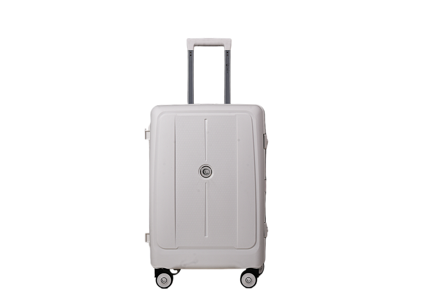 A light gray hard-shell spinner suitcase with an extended telescoping handle and four wheels, shown against a plain white background.