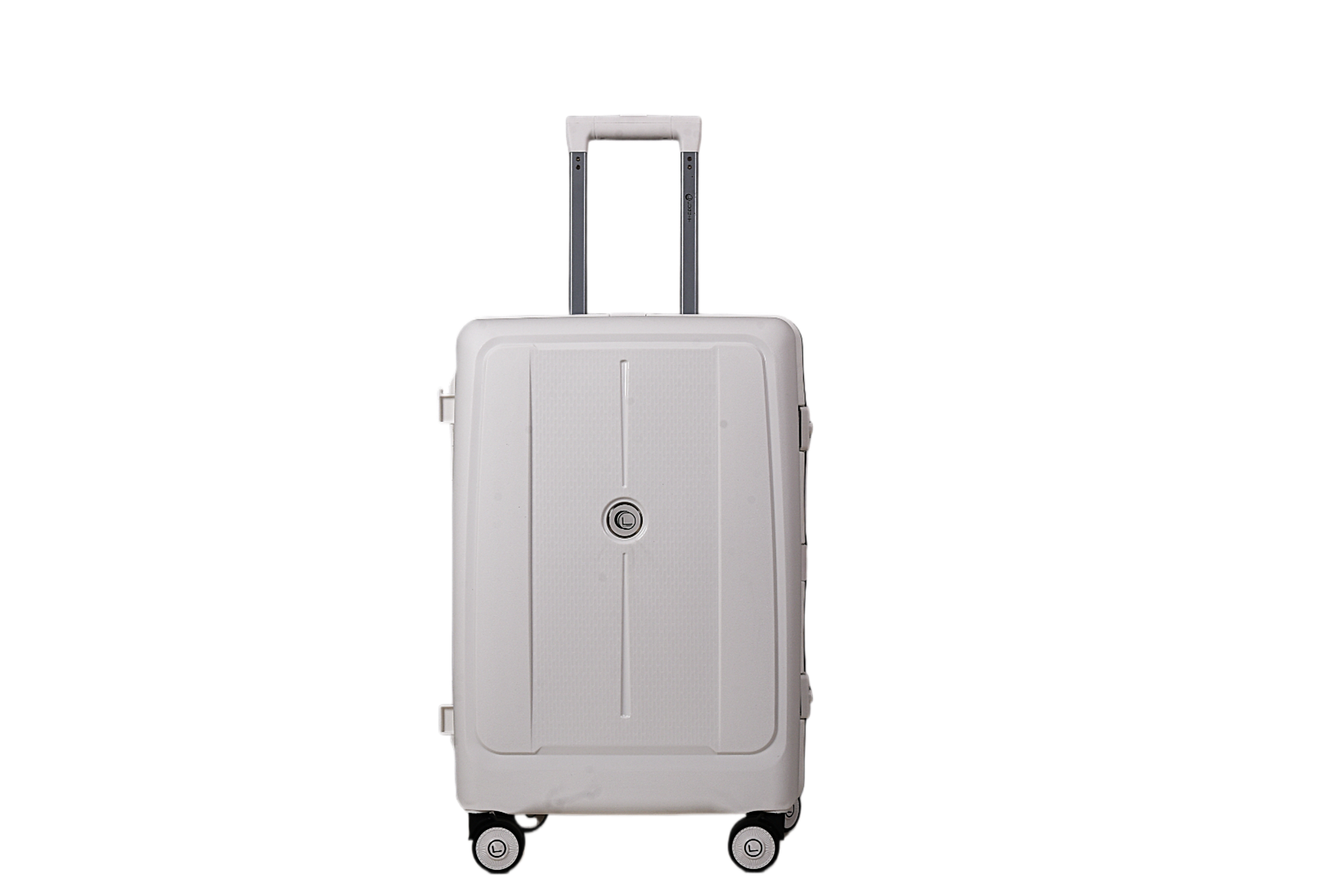 A light gray hard-shell spinner suitcase with an extended telescoping handle and four wheels, shown against a plain white background.
