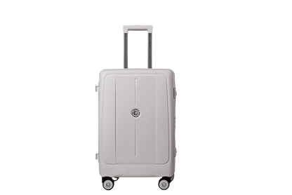 A light gray hard-shell spinner suitcase with an extended telescoping handle and four wheels, shown against a plain white background.