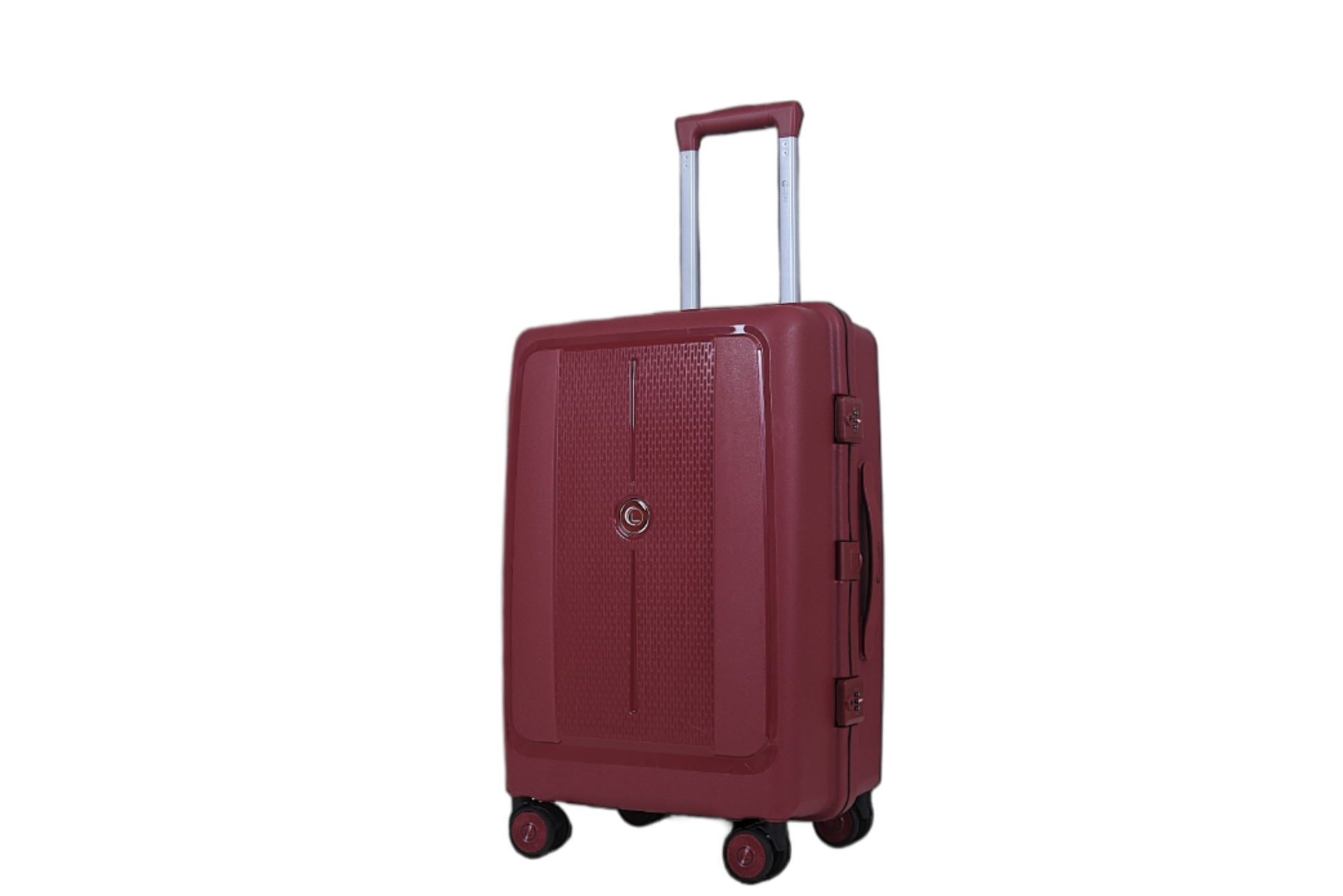 A hard-shell spinner suitcase in a deep burgundy red, featuring a textured front panel, a silver telescopic handle, and four wheels, shown against a plain white background.
