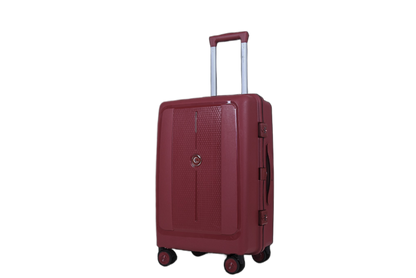 A hard-shell spinner suitcase in a deep burgundy red, featuring a textured front panel, a silver telescopic handle, and four wheels, shown against a plain white background.