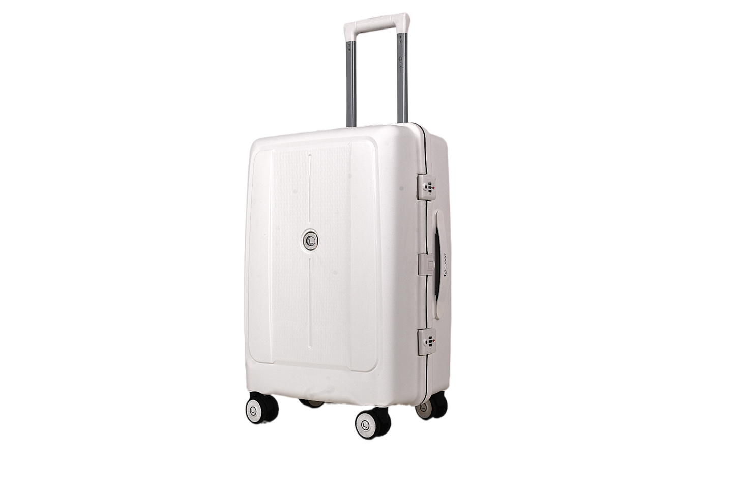 A white hard-shell spinner suitcase with an extended telescopic handle and four multi-directional wheels, shown on a plain white background.