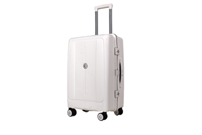 A white hard-shell spinner suitcase with an extended telescopic handle and four multi-directional wheels, shown on a plain white background.