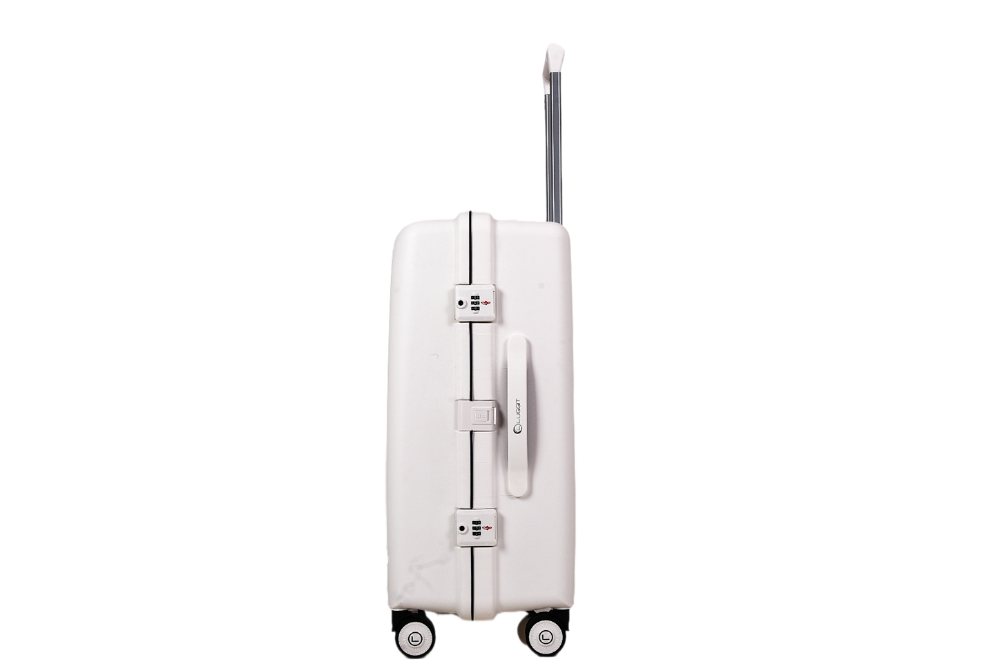 A white hard-shell spinner suitcase with an extended telescoping handle, shown from a side profile against a solid white background.