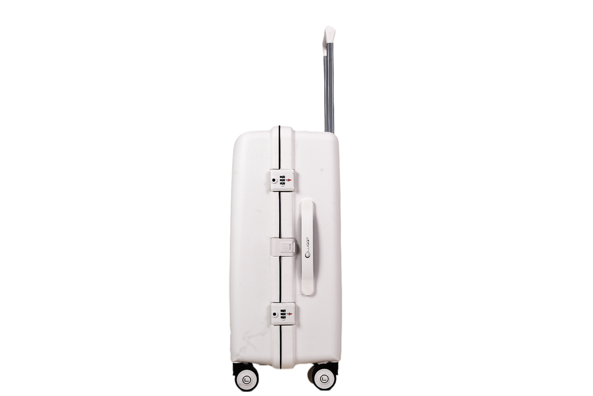 A white hard-shell spinner suitcase with an extended telescoping handle, shown from a side profile against a solid white background.