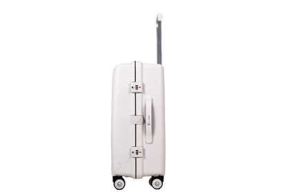A white hard-shell spinner suitcase with an extended telescoping handle, shown from a side profile against a solid white background.