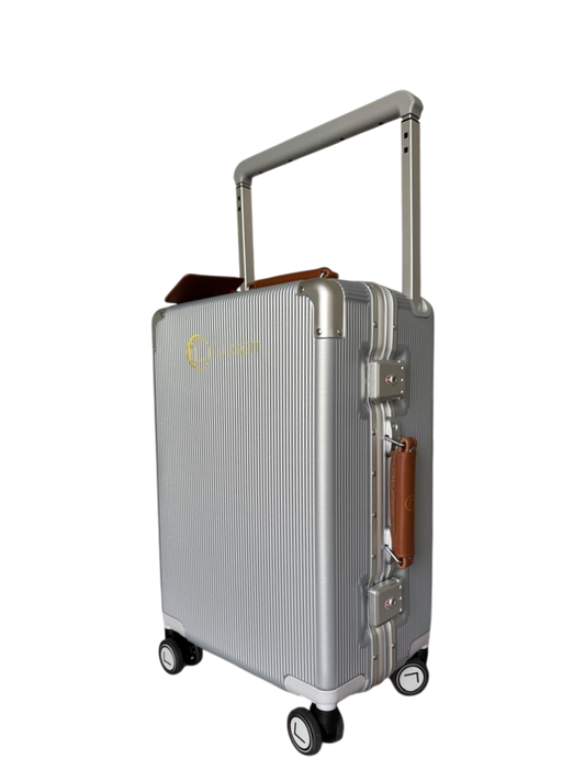 Silver suitcase with brown accents on a white background