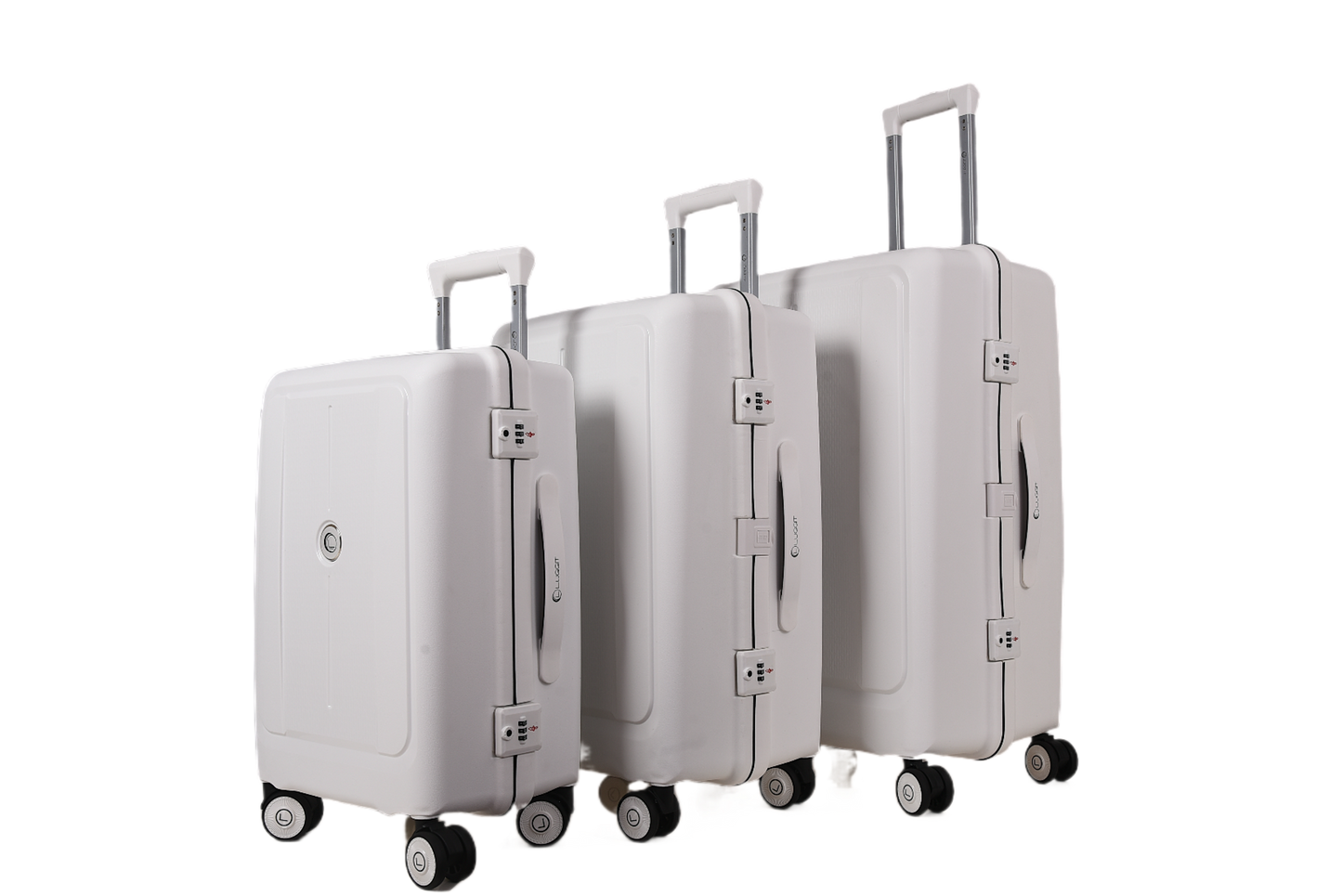 Three hard-shell spinner suitcases in a light gray or off-white color, arranged by size from left to right, with telescoping handles extended, on a plain white background.