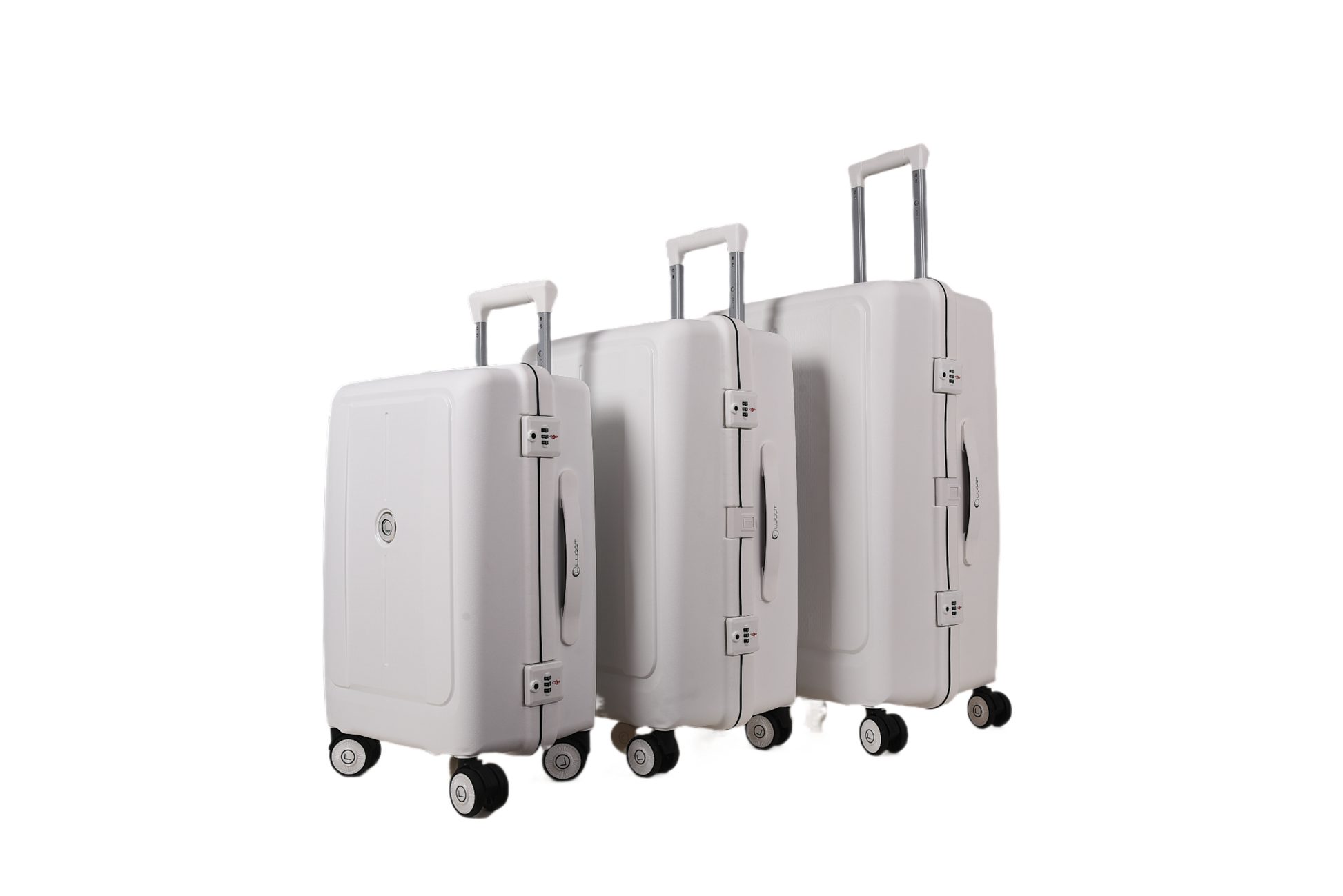 Three hard-shell spinner suitcases in a light gray or off-white color, arranged by size from left to right, with telescoping handles extended, on a plain white background.