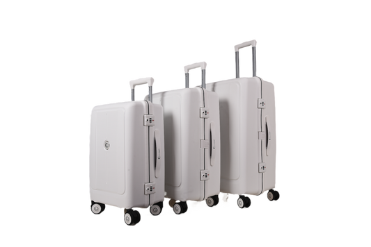 Three hard-shell spinner suitcases in a light gray or off-white color, arranged by size from left to right, with telescoping handles extended, on a plain white background.