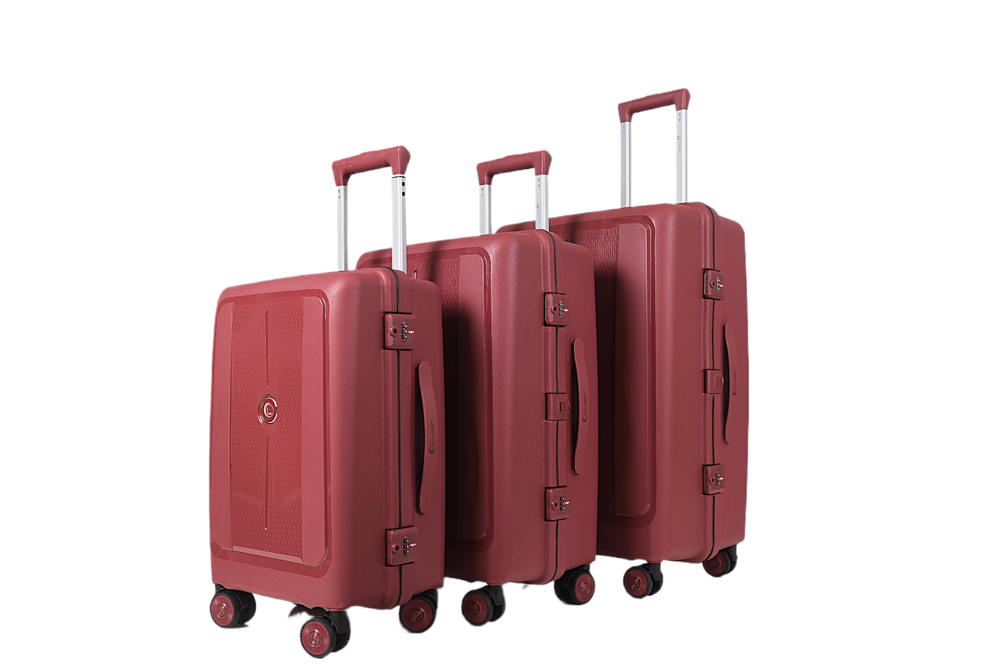Three-piece hardshell luggage set in a dusty rose red color, featuring telescoping handles, spinner wheels, and a small circular metal emblem on the front of each suitcase, shown against a plain white background.