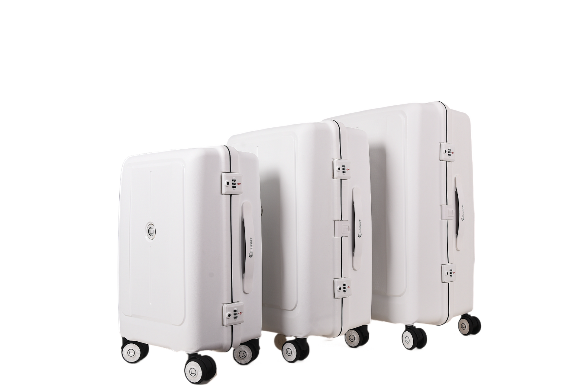 Three hard-shell spinner suitcases in white, shown in a row from left to right in small, medium, and large sizes against a plain white background.
