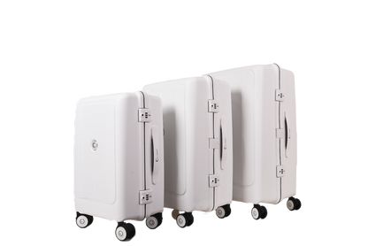 Three hard-shell spinner suitcases in white, shown in a row from left to right in small, medium, and large sizes against a plain white background.
