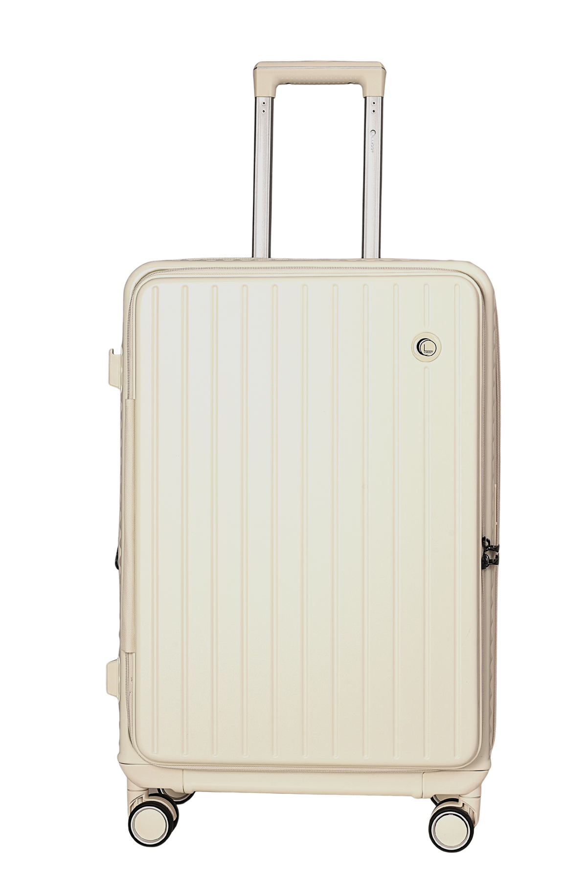 A cream-colored hardshell spinner suitcase with a telescopic handle extended, shown against a plain white background.