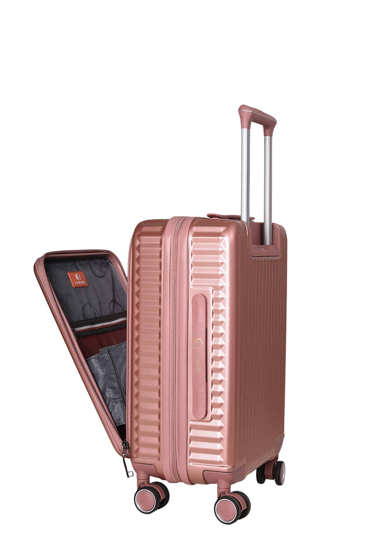 A rose gold hard-shell spinner suitcase with its left side open, showing the interior organizer pockets and lining, set against a plain white background.