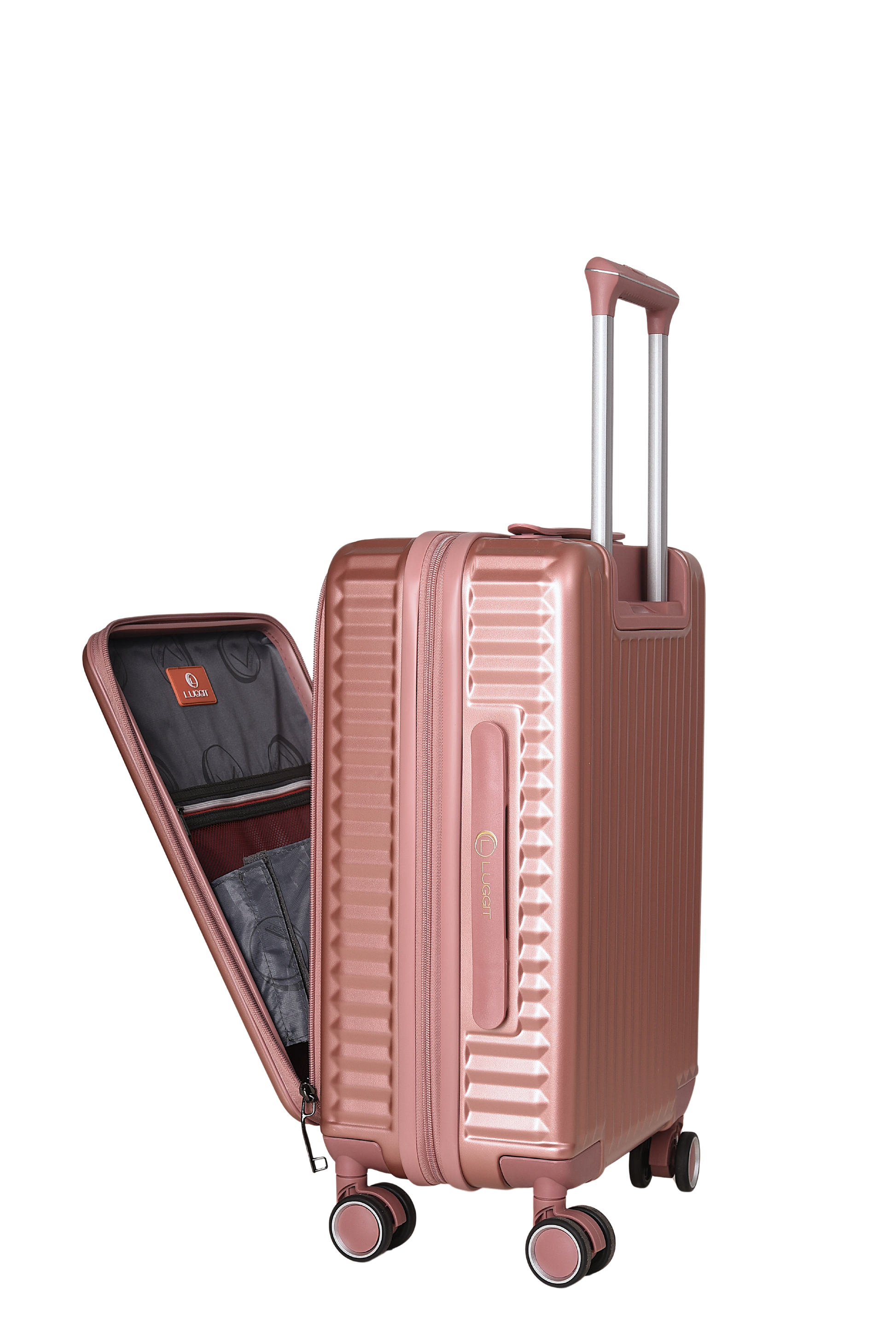 A rose gold hard-shell spinner suitcase with its left side open, showing the interior organizer pockets and lining, set against a plain white background.