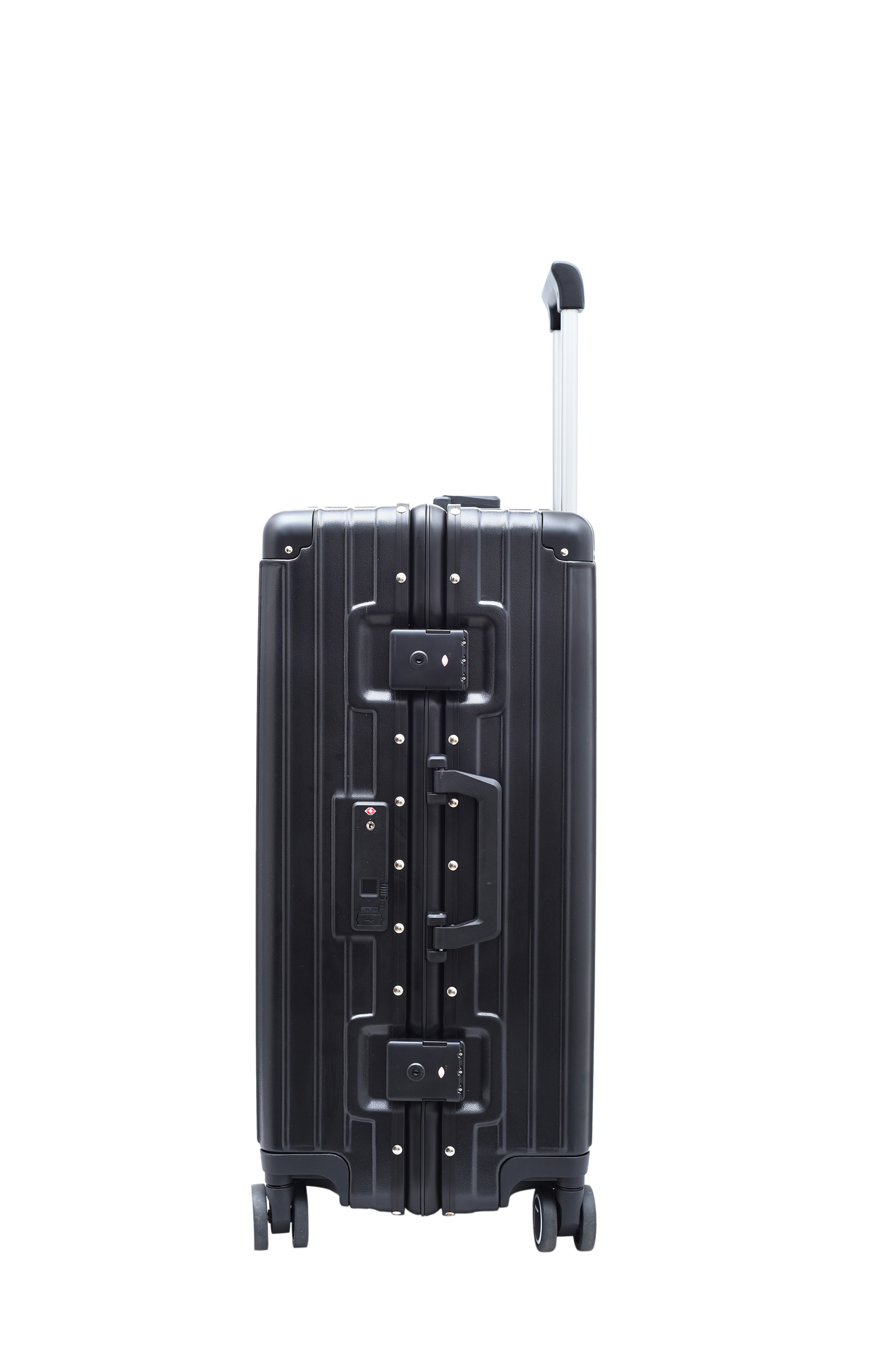 Black suitcase with wheels on a white background