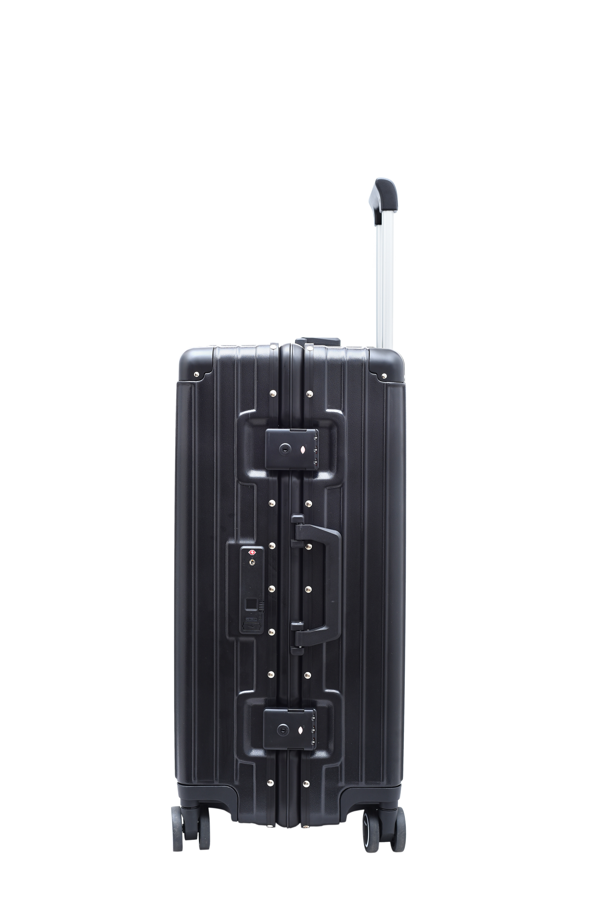 Black suitcase with wheels on a white background
