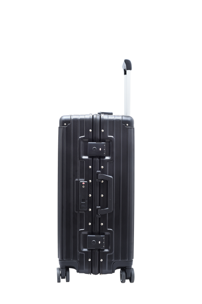 Black suitcase with wheels on a white background