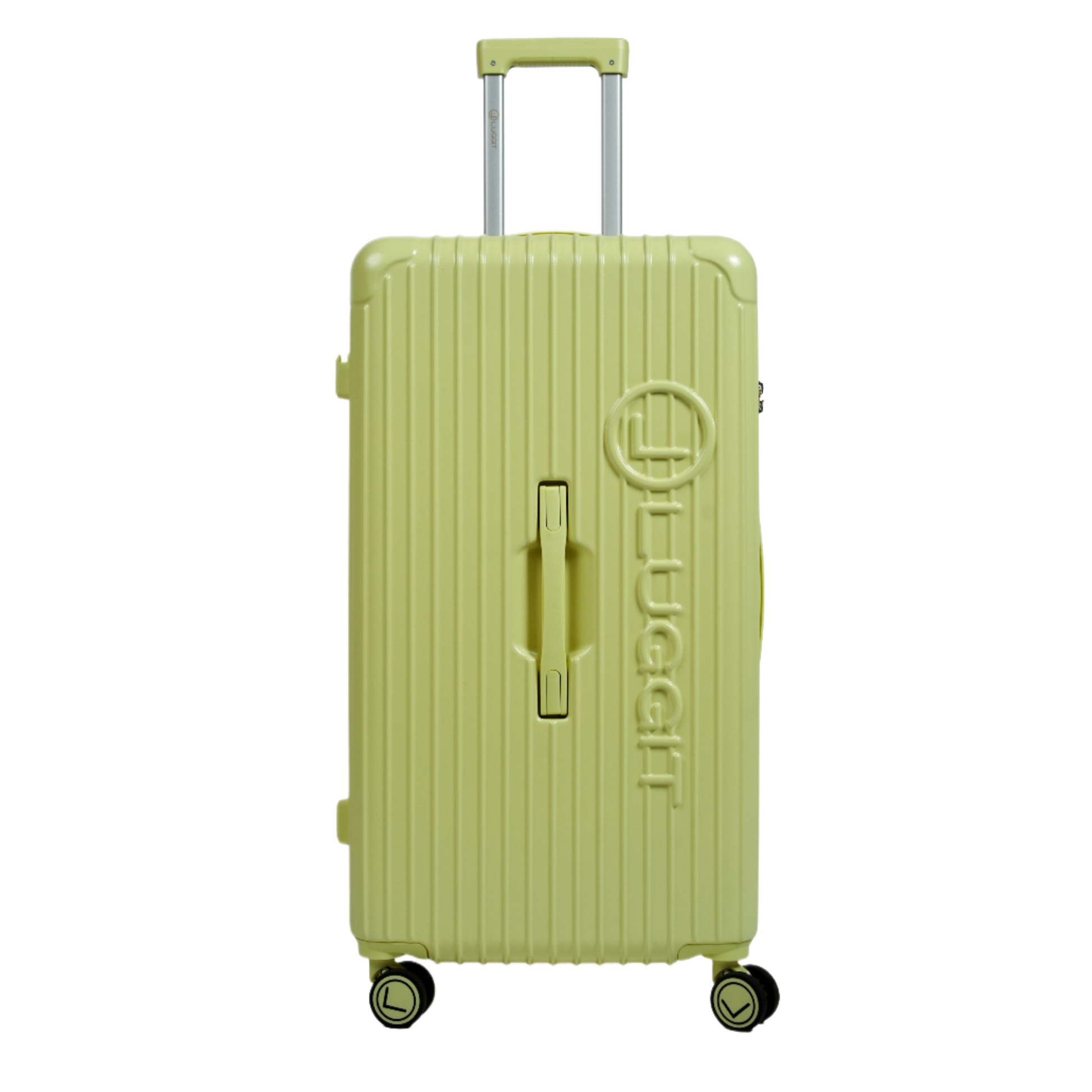Green suitcase with 'LUGG' branding on a white background