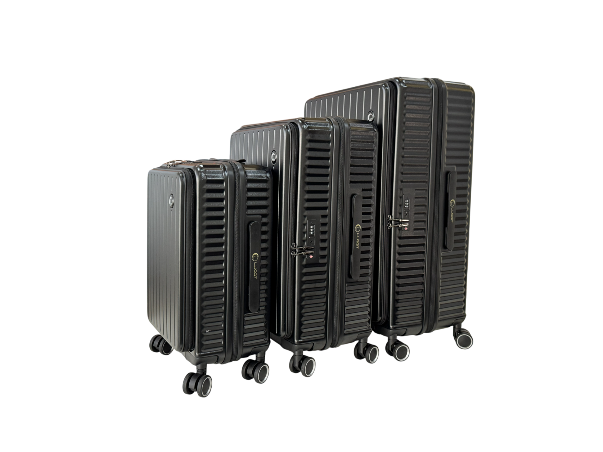 Four hard-shell spinner suitcases in black, arranged by size from smallest to tallest on a plain white background.