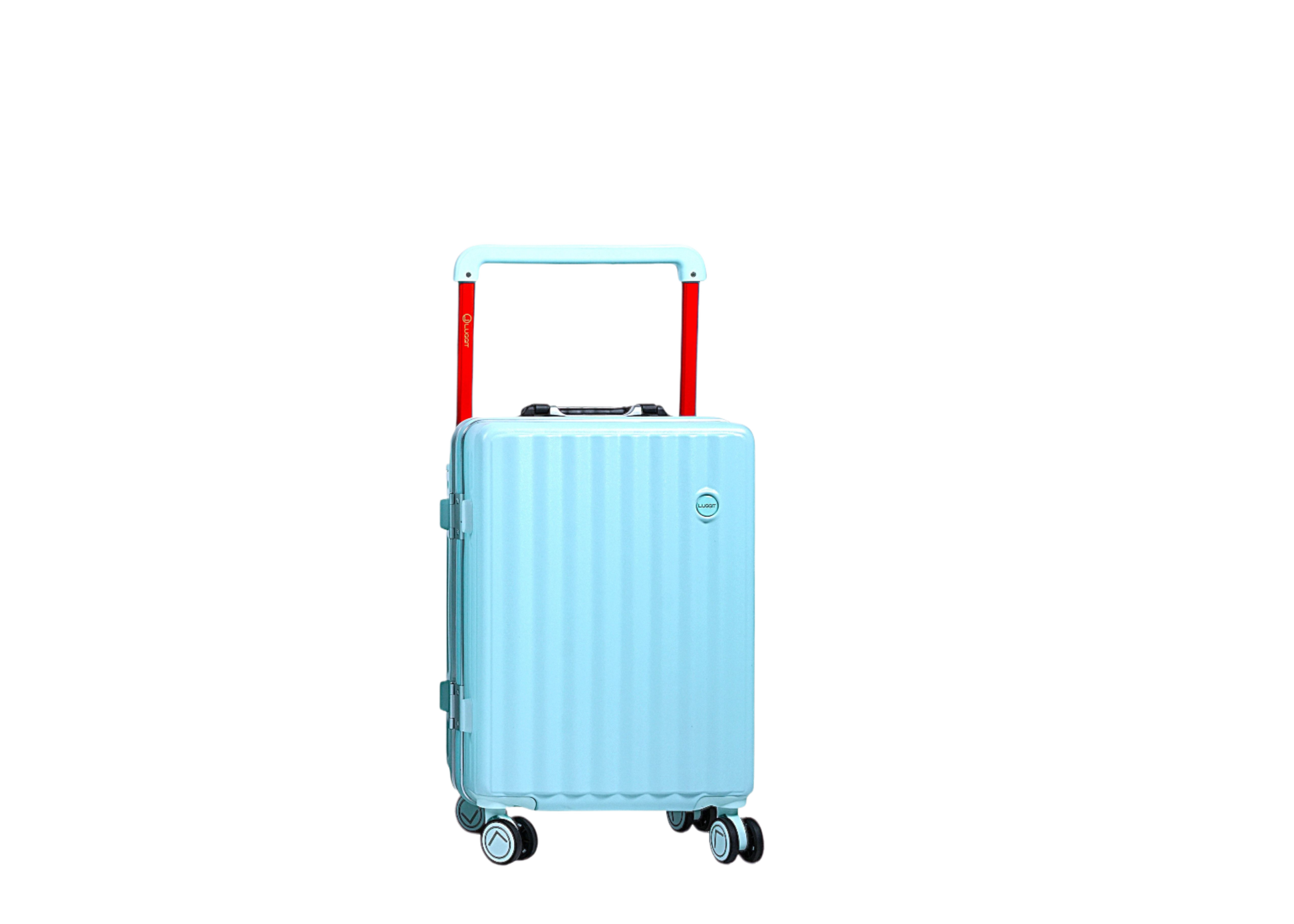 Light blue suitcase with a red handle on a white background