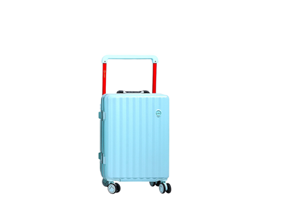 Light blue suitcase with a red handle on a white background