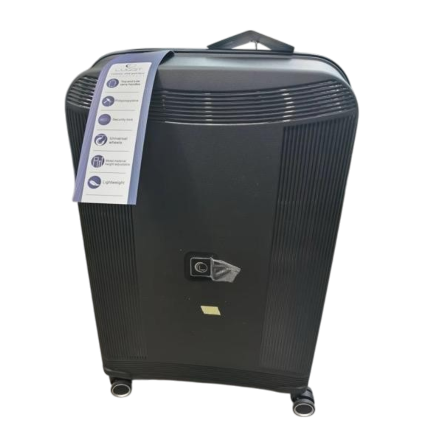 Black suitcase with a label on a white background