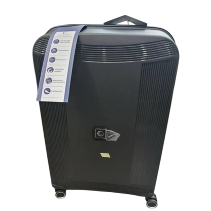 Black suitcase with a label on a white background