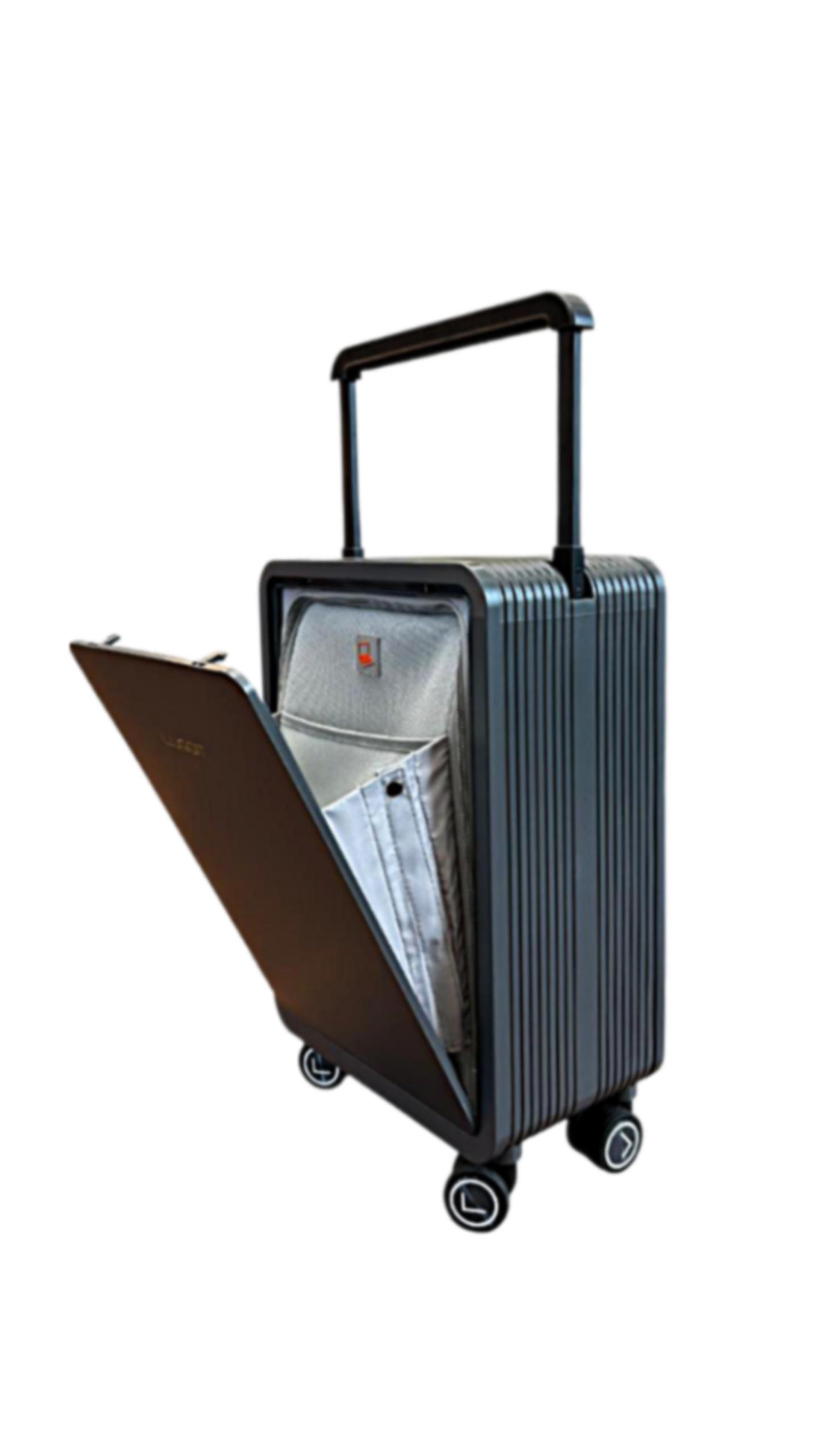 Luggage with open front compartment on a white background