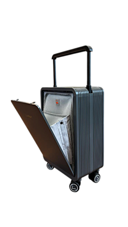 Luggage with open front compartment on a white background