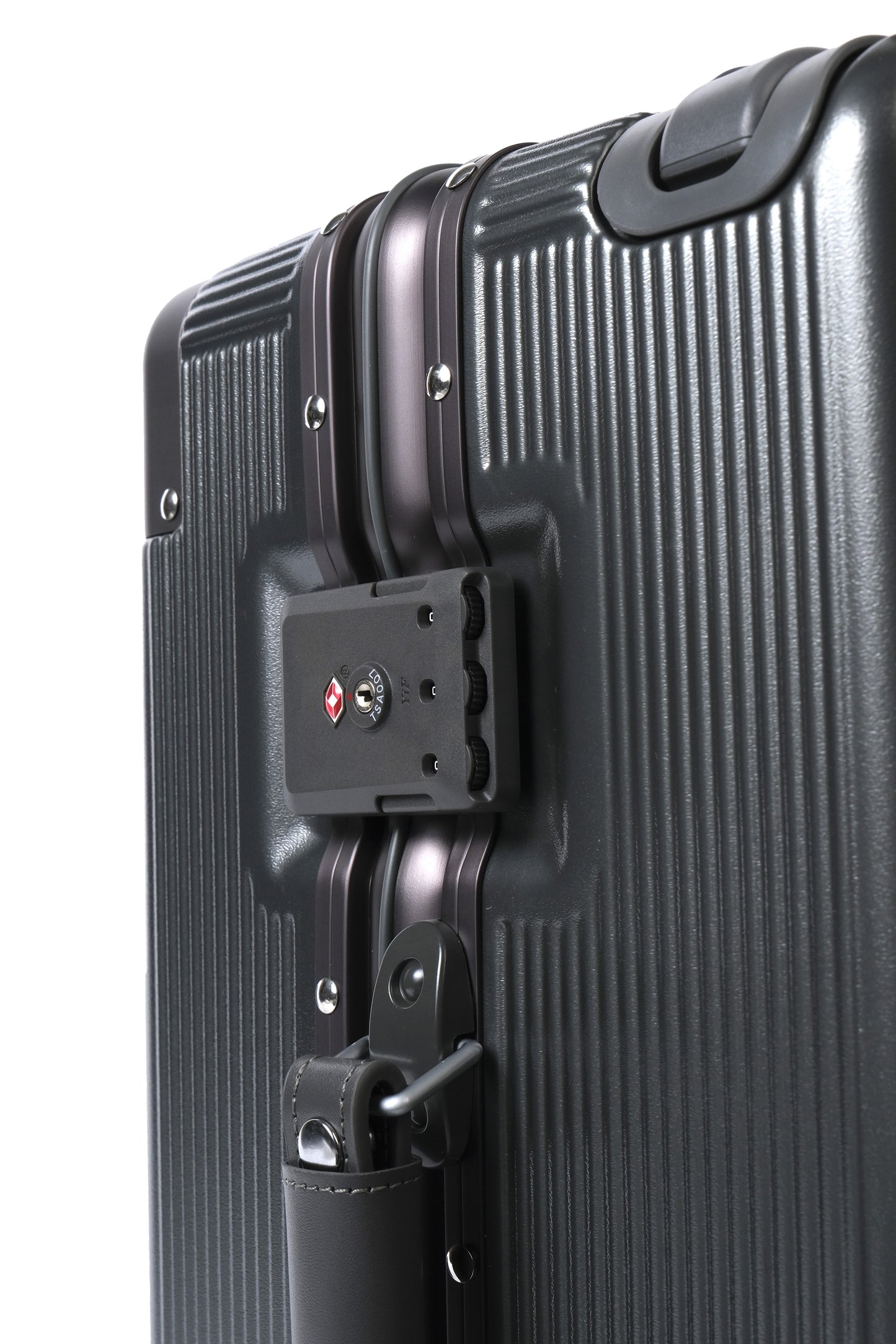 Black suitcase with a handle and lock mechanism on a white background