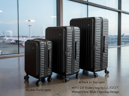 LUGGIT SFO 2.0 Premium Trolley Bag ,SmartView Wide Opening Design,TSA Lock, Polycarbonate Hard Shell, Black