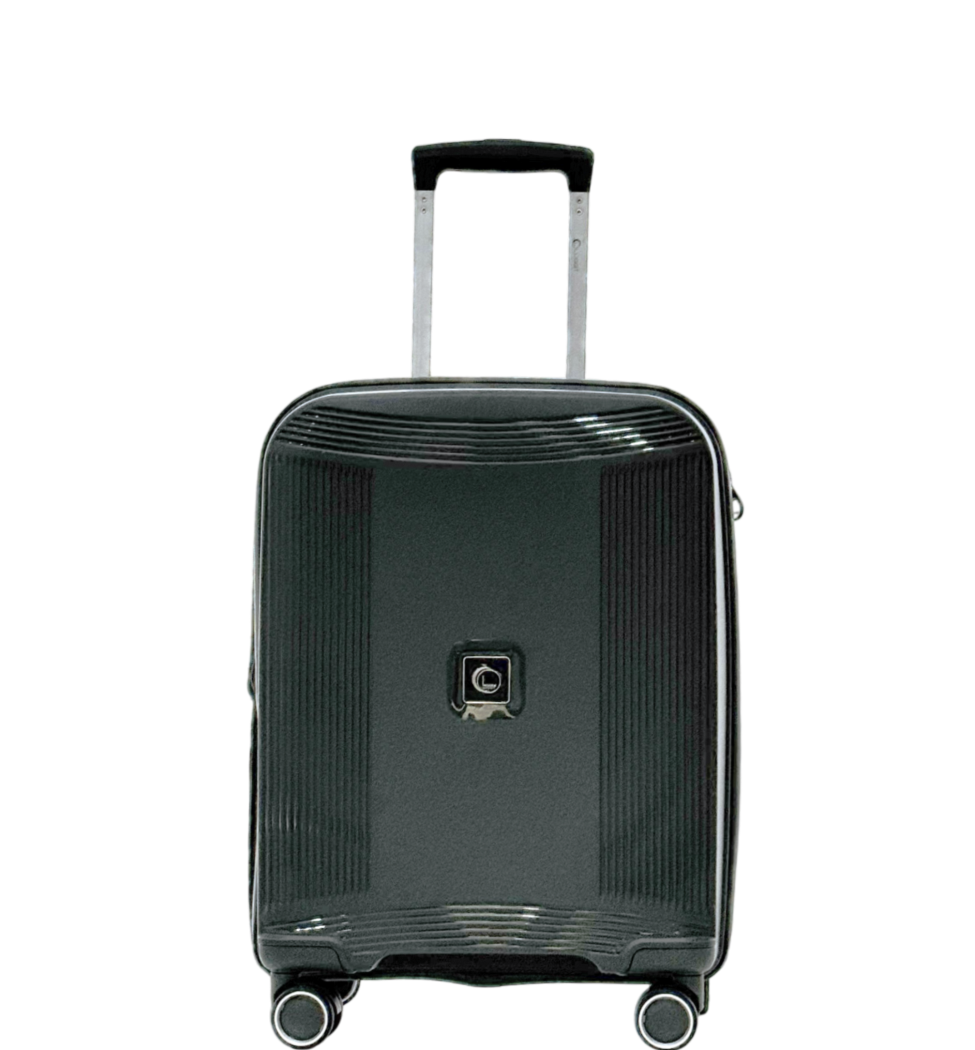 A dark gray hard-shell spinner suitcase with a textured vertical stripe pattern, featuring an extended silver telescopic handle and a central metallic logo badge, shown against a plain white background.