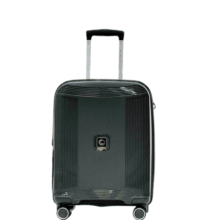 A dark gray hard-shell spinner suitcase with a textured vertical stripe pattern, featuring an extended silver telescopic handle and a central metallic logo badge, shown against a plain white background.