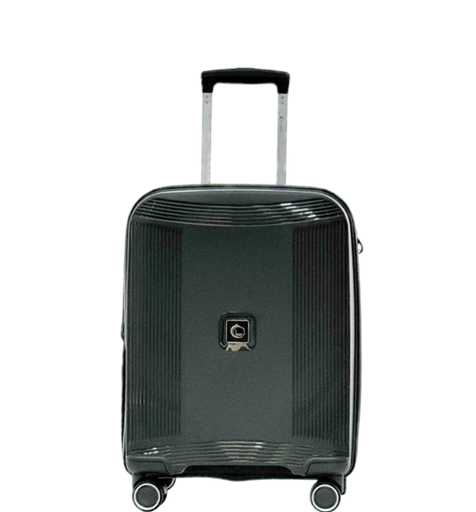 A dark gray hard-shell spinner suitcase with a textured vertical stripe pattern, featuring an extended silver telescopic handle and a central metallic logo badge, shown against a plain white background. expandable cabin trolley bag
