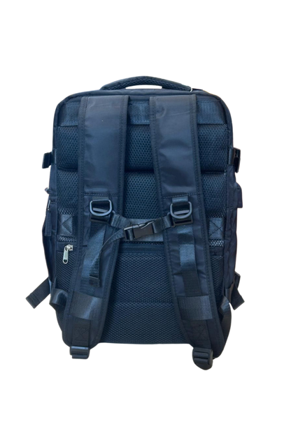 Back view of a blue backpack with multiple straps and zippers on a white background