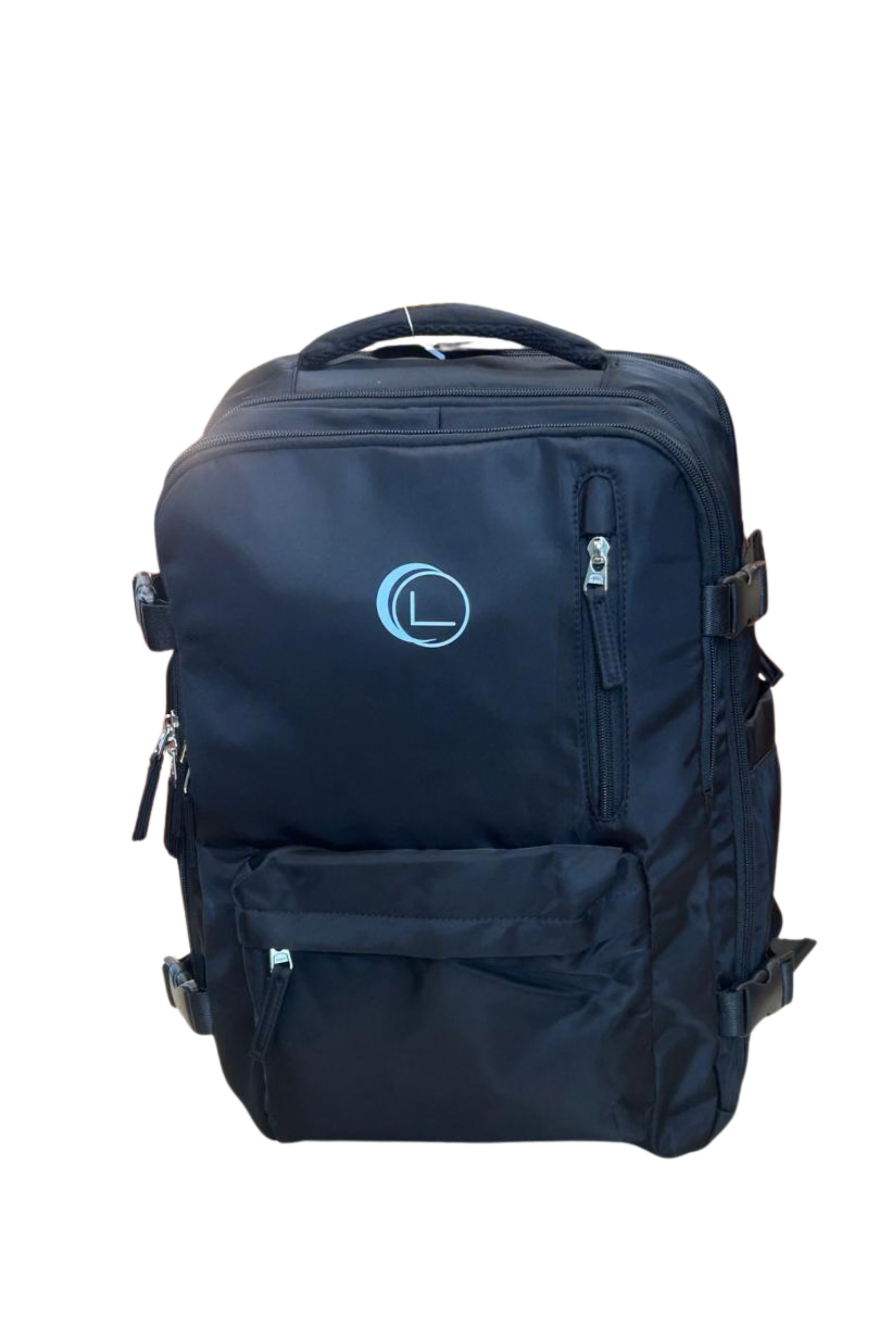 Navy blue backpack with a logo on a white background